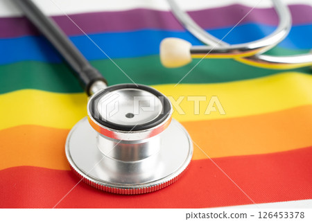 Stethoscope on LGBT rainbow flag, rights and gender equality. 126453378
