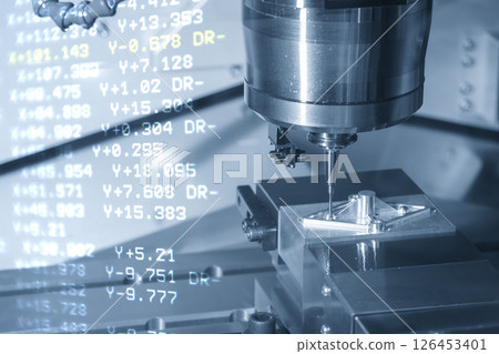 Abstract scene the CNC milling machine finish cut the mold parts and NC data background. 126453401