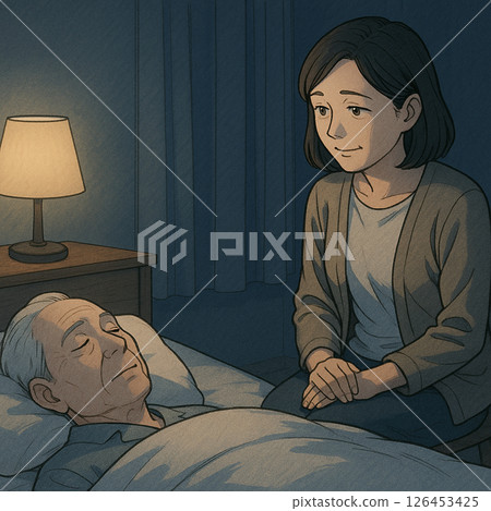 一家人晚上照顧老人的插圖 一家人晚上照顧老人的插圖 126453425