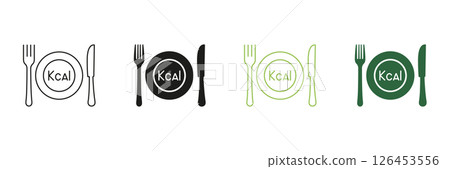Calorie Count Line and Silhouette Icon Set With Plate, Fork, Knife. Healthy Dining And Nutrition Icon. Healthy Eating And Diet. Editable Stroke. Isolated Vector Illustration Calorie Count Line and Silhouette Icon Set With Plate, Fork, Knife. Healthy Dining And Nutrition Icon. Healthy Eating And Diet. Editable Stroke. Isolated Vector Illustration 126453556