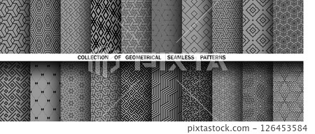 Geometric set of seamless black and gray patterns. Simple vector graphics 126453584