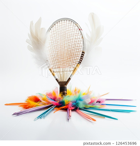 Creative tennis racket art A whimsical fusion of sports and vibrant feathers, isolated on white 126453696