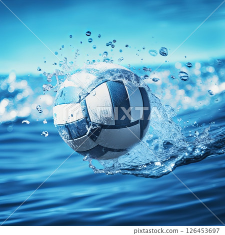 Water Polo Ball Splashing in Blue Water. Underwater Sports and Leisure Adventure, Activity 126453697