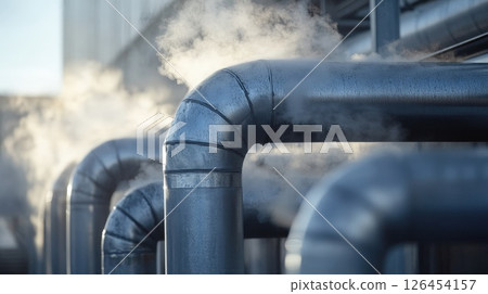 Steam Rising from Industrial Metal Pipes at a Modern Factory 126454157
