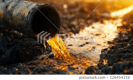 Crude Oil Pouring from Rusty Pipe onto Polluted Ground 126454158