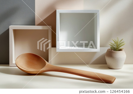Beige and White Minimalist Still Life with Wooden Spoon and Succulent Beige and White Minimalist Still Life with Wooden Spoon and Succulent 126454166
