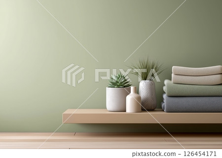 Beige Shelf with Sage Green Wall, Neutral Textiles and Succulents 126454171