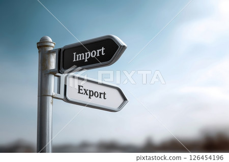 Frosty Import Export Signpost in Winter Landscape Frosty Import Export Signpost in Winter Landscape 126454196