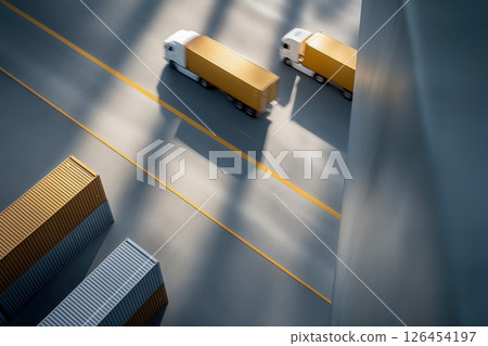 Golden Cargo Containers and Semi Trucks on Asphalt Road 126454197