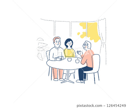 Three people talking around a table Three people talking around a table 126454249