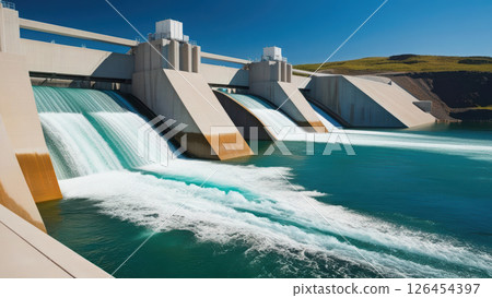 Hydroelectric dam with crystalclear water flowing through Hydroelectric dam with crystalclear water flowing through 126454397