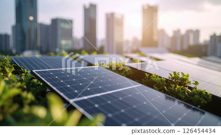 Solar panels installed green rooftop with city skyline background Solar panels installed green rooftop with city skyline background 126454434