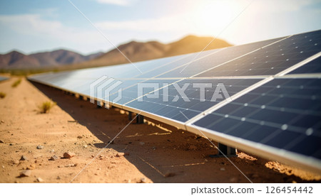 Solar panel array installed desert landscape with mountains Solar panel array installed desert landscape with mountains 126454442