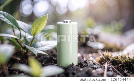 Green battery soil among plants natural setting eco friendly 126454444