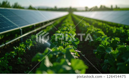 Lush green farm with solar powered irrigation system and spray 126454475