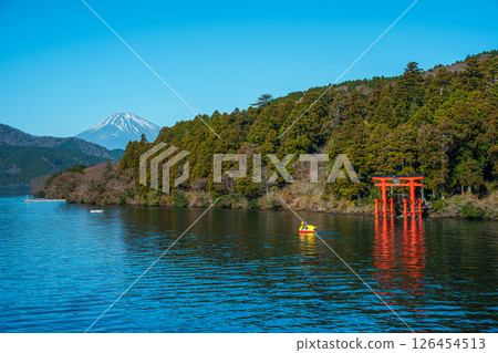 Mount Fuji View Over Lake Ashi with Torii Gate Mount Fuji View Over Lake Ashi with Torii Gate 126454513