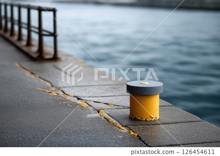 Weathered Yellow Bollard on Gray Concrete Dock by Dark Water 126454611