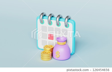 Financial Planning and Calendar with Coins and Money Bag. 3D Rendering. 126454656