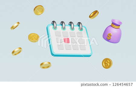 Financial Planning and Calendar with Coins and Money Bag. 3D Rendering. 126454657
