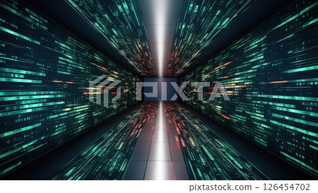 Futuristic digital tunnel with glowing data streams and neon lights creating immersive high-tech cyber environment for virtual reality and advanced technology concepts Futuristic digital tunnel with glowing data streams and neon lights creating immersive high-tech cyber environment for virtual reality and advanced technology concepts 126454702