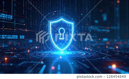 futuristic digital security shield with lock icon glowing in a data network with binary code and holographic security symbols representing cybersecurity protection 126454849