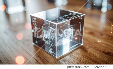 Innovative transparent holographic display cube showcasing digital information with futuristic technology on a wooden surface in a modern environment 126454888