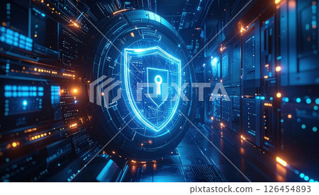 Futuristic digital security concept featu glowing blue shield with lock icon in a high-tech server room with data networks and cyber protection theme 126454893