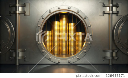 Secure vault door with stacks of gold coins inside, symbolizing 126455171