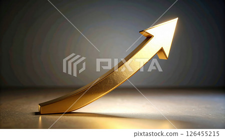 Golden upward arrow with sleek design and reflective surface 126455215