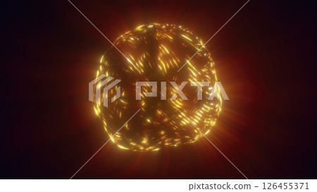 A golden glowing sphere with intricate light patterns, emitting a warm radiant glow, symbolizing futuristic technology 126455371