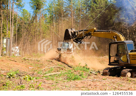Excavators bulldozers remove trees debris from forested site to prepare for future construction. 126455536