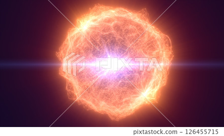 Fiery glowing orange energy sphere with intense light core and radiant heat filaments, representing high-tech power and futuristic combustion Fiery glowing orange energy sphere with intense light core and radiant heat filaments, representing high-tech power and futuristic combustion 126455715