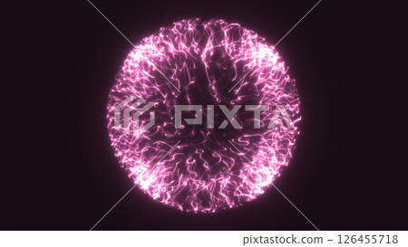 Glowing purple digital sphere formed by flowing energy lines against a dark background 126455718