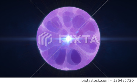 Glowing purple plasma sphere with intense center light, radiating energy on a dark background Glowing purple plasma sphere with intense center light, radiating energy on a dark background 126455720