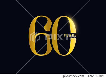 60 Years Anniversary Logo Celebration Design on Dark Background for corporate branding, business event, invitation, milestone promo. 60th numbers gold typography for luxury brand. Vector illustration 126456404