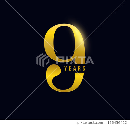 9 Years Anniversary Logo Celebration Design on Dark Background for corporate branding, business event, invitation, milestone promo. 9th numbers gold typography for luxury brand. Vector illustration 126456422