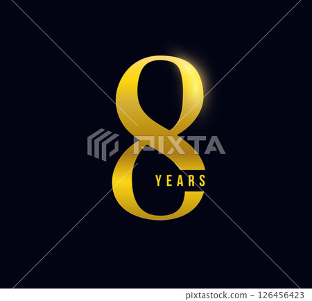 8 Years Anniversary Logo Celebration Design on Dark Background for corporate branding, business event, invitation, milestone promo. 8th numbers gold typography for luxury brand. Vector illustration 8 Years Anniversary Logo Celebration Design on Dark Background for corporate branding, business event, invitation, milestone promo. 8th numbers gold typography for luxury brand. Vector illustration 126456423
