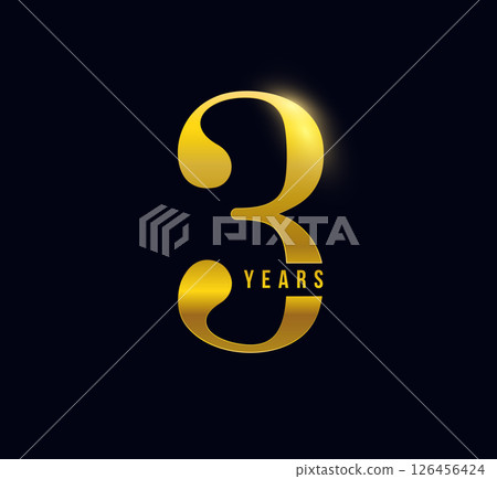 3 Years Anniversary Logo Celebration Design on Dark Background for corporate branding, business event, invitation, milestone promo. 3th numbers gold typography for luxury brand. Vector illustration 126456424
