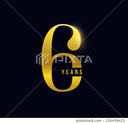 6 Years Anniversary Logo Celebration Design on Dark Background for corporate branding, business event, invitation, milestone promo. 6th numbers gold typography for luxury brand. Vector illustration 6 Years Anniversary Logo Celebration Design on Dark Background for corporate branding, business event, invitation, milestone promo. 6th numbers gold typography for luxury brand. Vector illustration 126456425