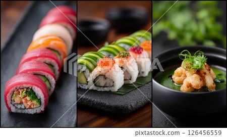 collage of photos of asian japanese cuisine sushi with tuna and miso soup with shrimp delicious dishes for restaurant menu 126456559