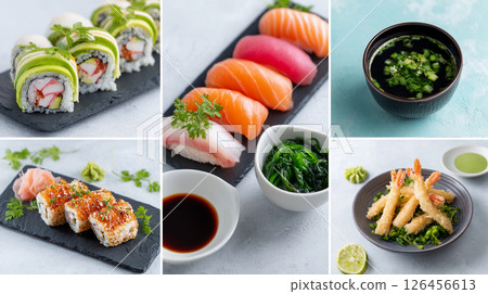 collage of photos of asian japanese cuisine sushi with tuna and miso soup with shrimp delicious dishes for restaurant menu 126456613