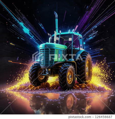 Tractor with abstract design.  Beautiful tractor in a field with fireworks of colors. AI generated. 126456687