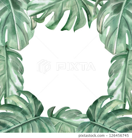 Square frame of green monstera leaves. Isolated watercolor illustration for wedding print design, tableware, textile printing, interior design. 126456745