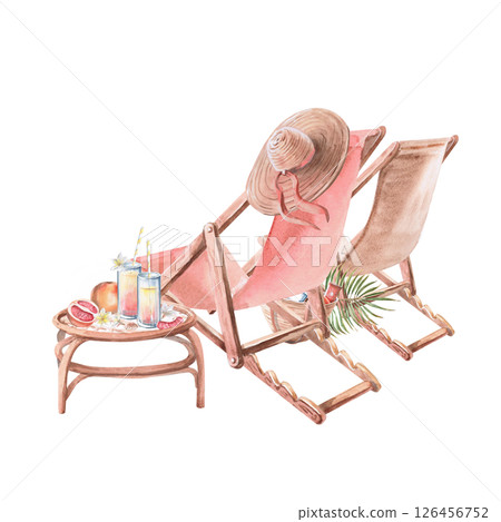 Two sun loungers, rear view and a table with juices. Isolated watercolor illustration on the theme of a beach holiday for the design of restaurants, tourist brochures, printing on fabric and textiles. 126456752
