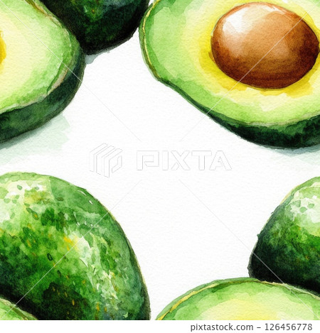 Funny and neat watercolor avocados in close-up showcasing their vibrant colors and unique shapes. seamless pattern on white background 126456778