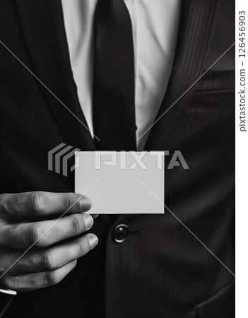 A well-dressed individual holding a blank business card in a formal setting during a professional event 126456903