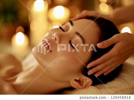 Relaxing spa treatment with a woman enjoying a facial massage in a tranquil setting with candles glowing softly in the background 126456918