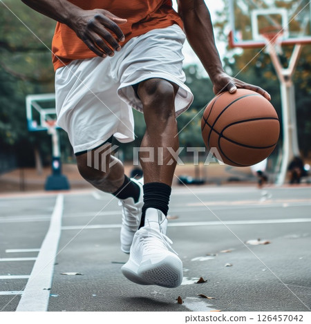 A young basketball player dribbles the ball on an outdoor court during a sunny afternoon practice session A young basketball player dribbles the ball on an outdoor court during a sunny afternoon practice session 126457042