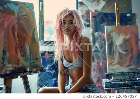 A young artist with pink hair poses in a colorful studio surrounded by paintings of faces during a bright, sunlit afternoon 126457057