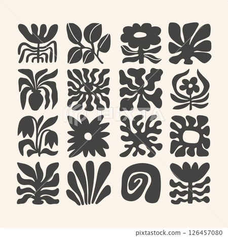 Trendy retro 70s-inspired groovy floral summer elements with leaf shapes, flowers blending modern and organic elements. Vector simple flat illustration. Trendy retro 70s-inspired groovy floral summer elements with leaf shapes, flowers blending modern and organic elements. Vector simple flat illustration. 126457080